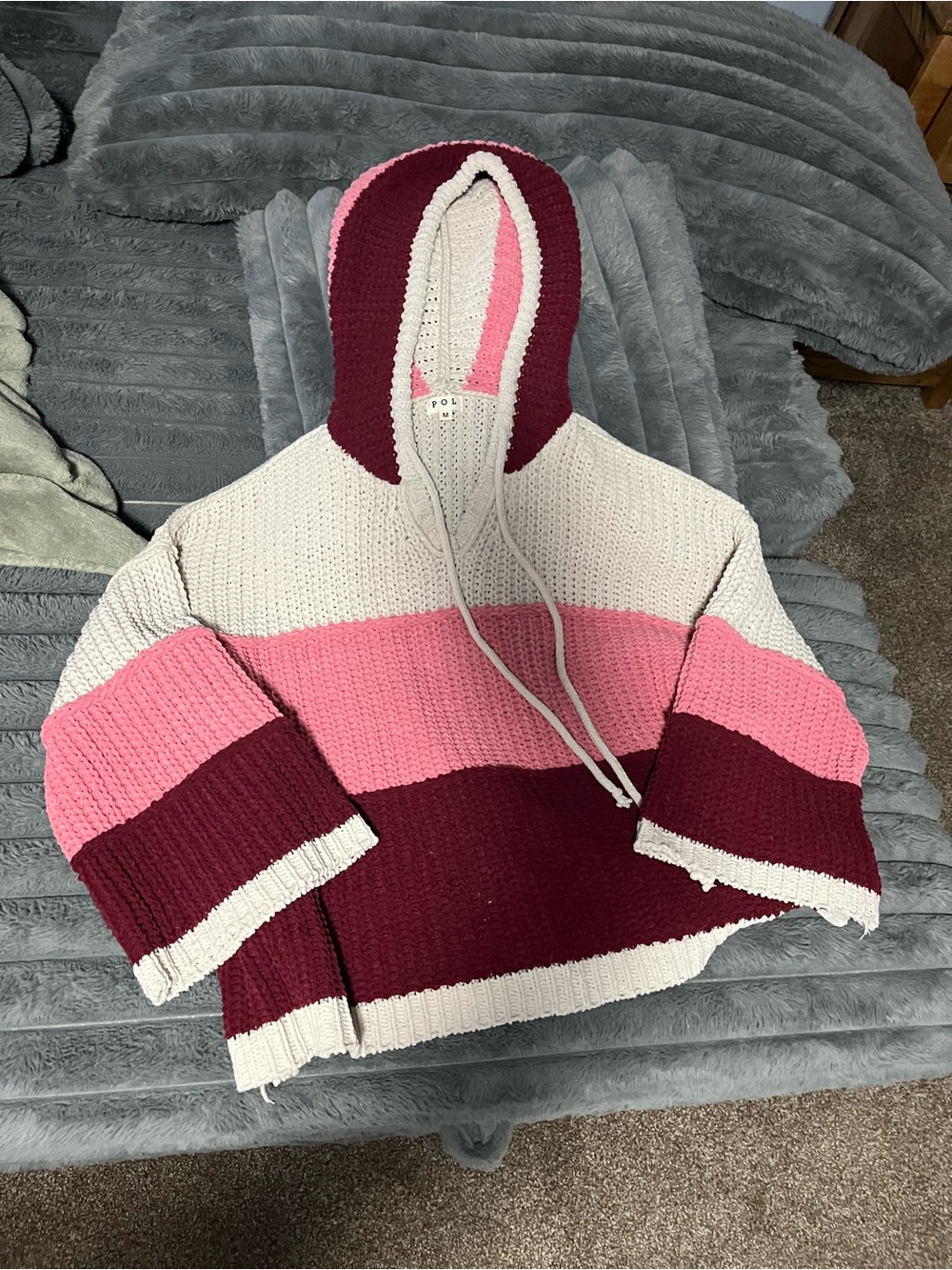 POL - Striped Hooded Knit Pullover in Burgundy, Pink & Cream